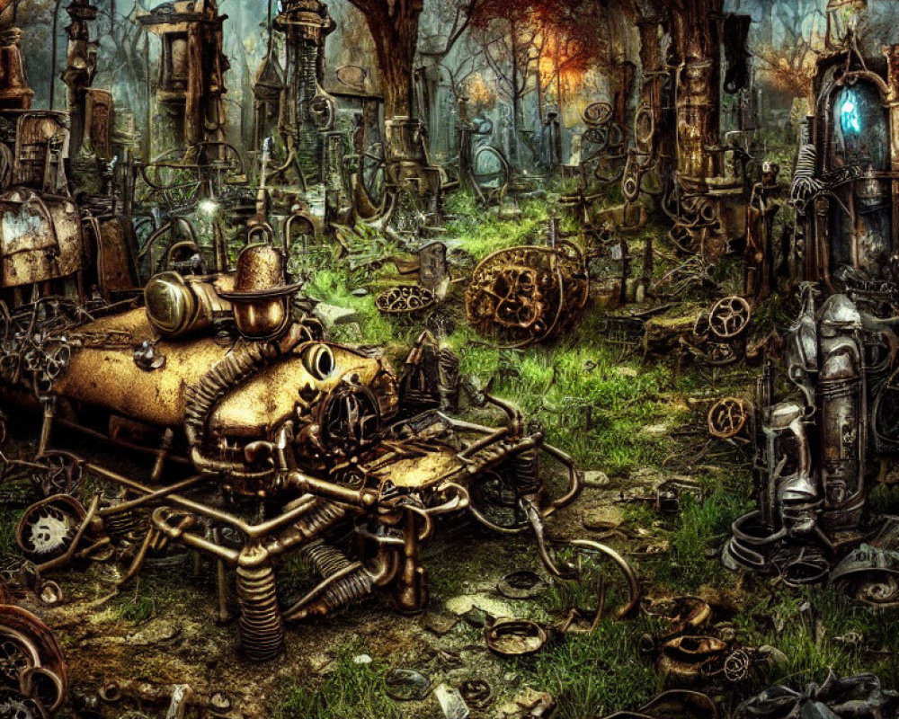 Steampunk-themed graveyard with mechanical tombstones and defunct robots in twilight.