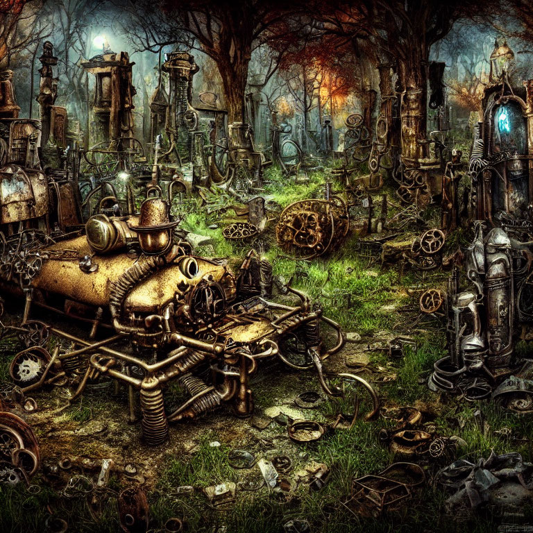 Steampunk-themed graveyard with mechanical tombstones and defunct robots in twilight.