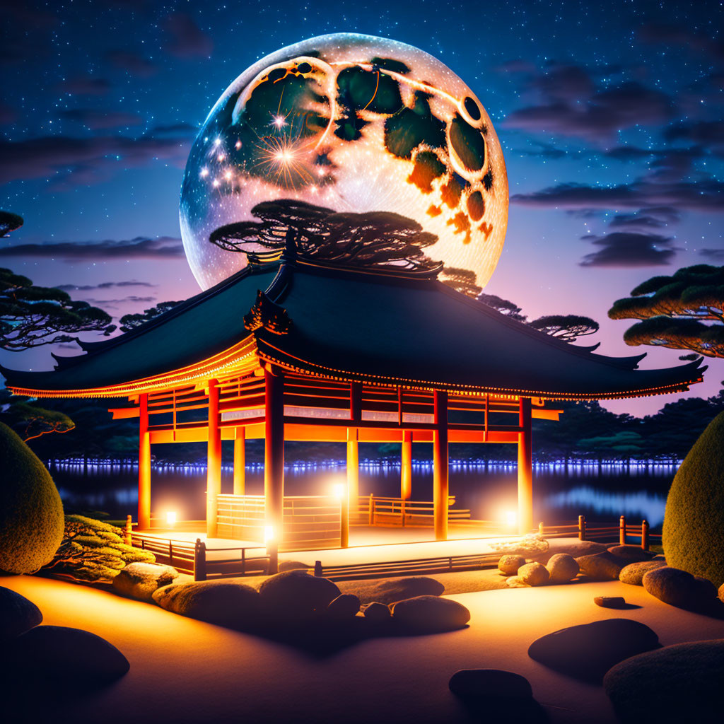 Traditional Asian Pavilion by Waterfront Under Starry Sky with Fantastical Moon