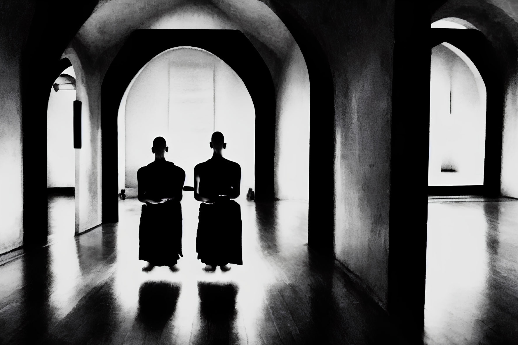 Silhouetted figures in black and white interior with arched doorways