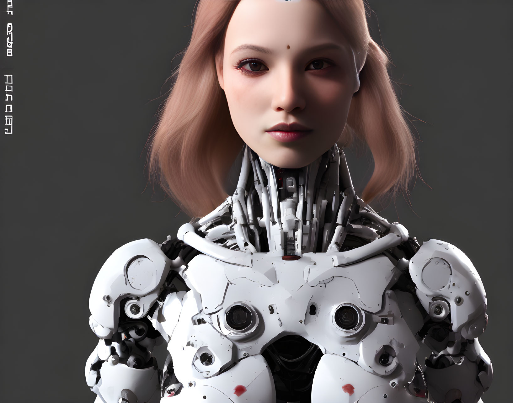 Realistic CGI portrait of female android with human-like face and mechanical features