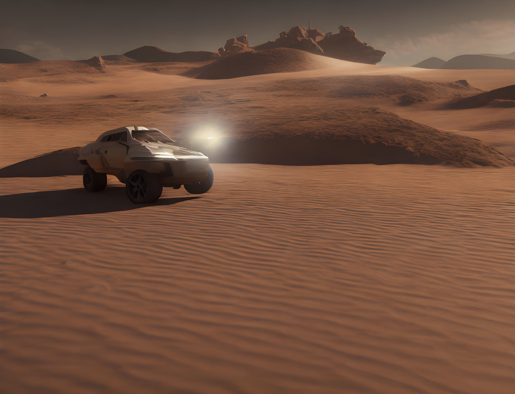 Reddish Desert Landscape with Rover Vehicle and Rolling Dunes