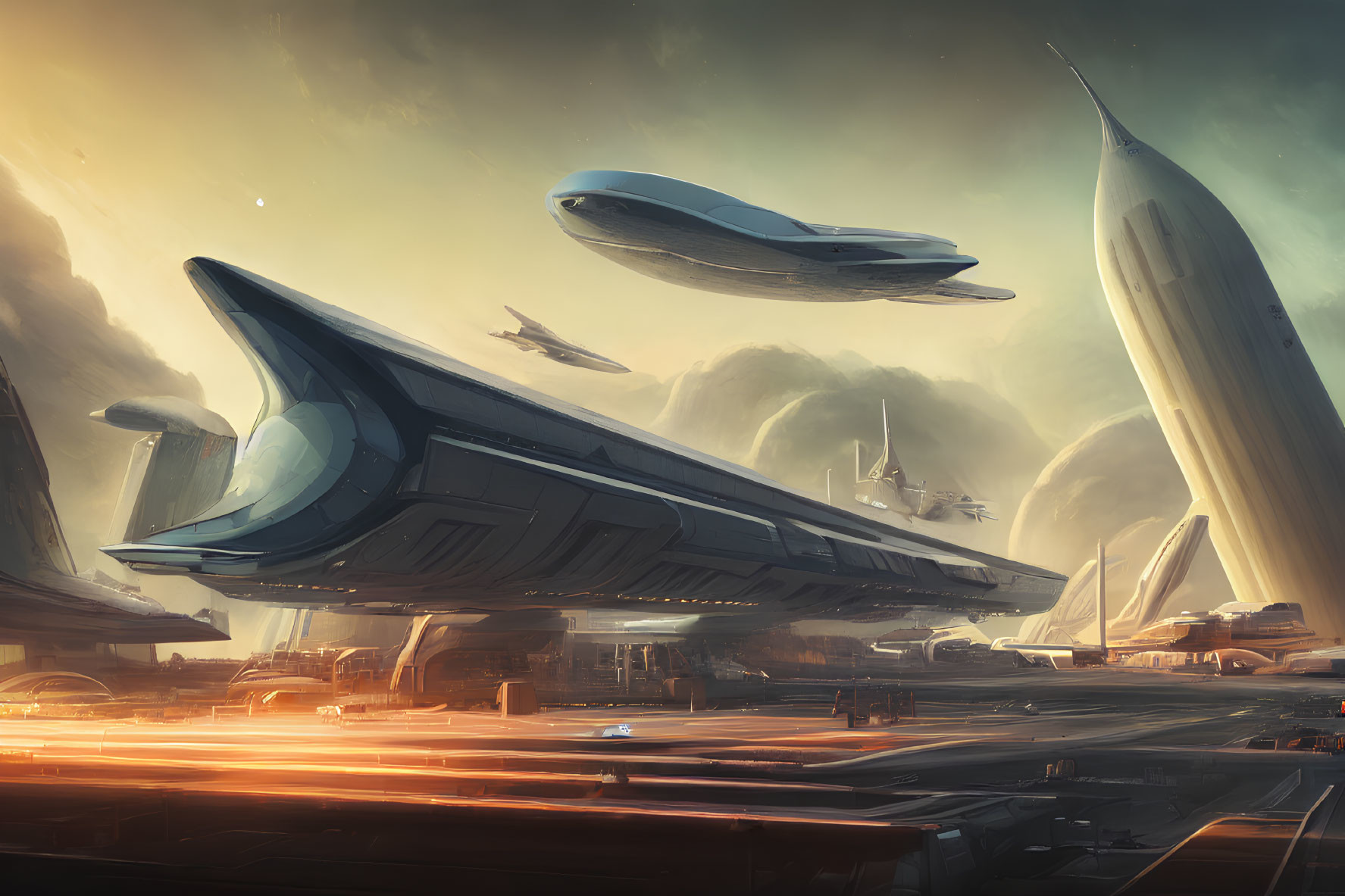 Futuristic spaceport with sleek spacecraft and illuminated runways