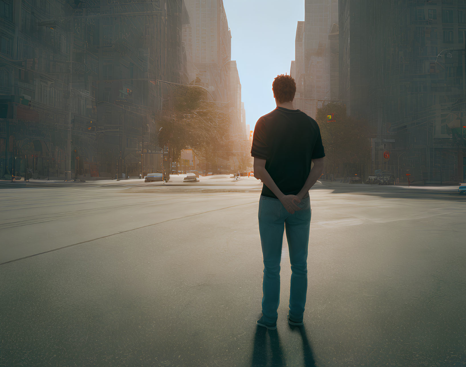 Deserted urban street with person facing cityscape