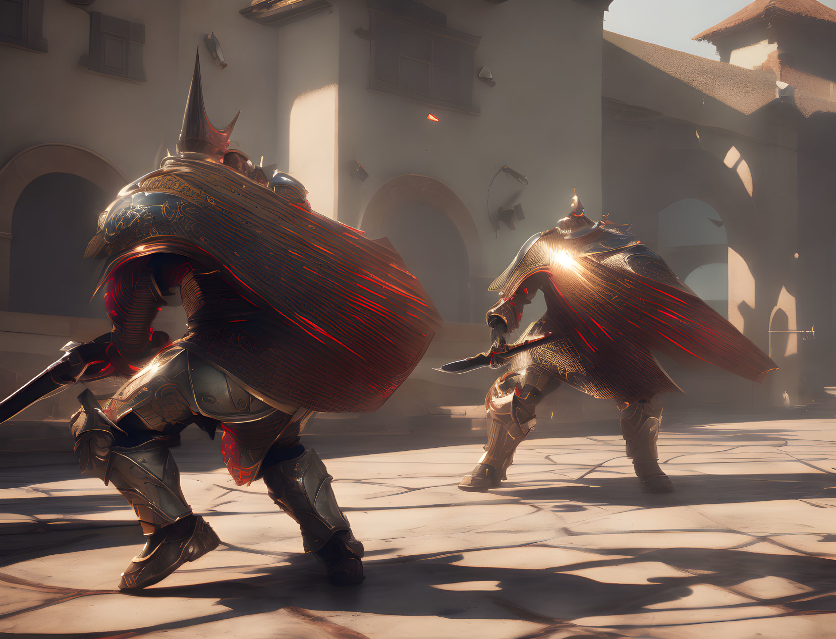 Armored knights duel in sunlit courtyard with dynamic motion blur