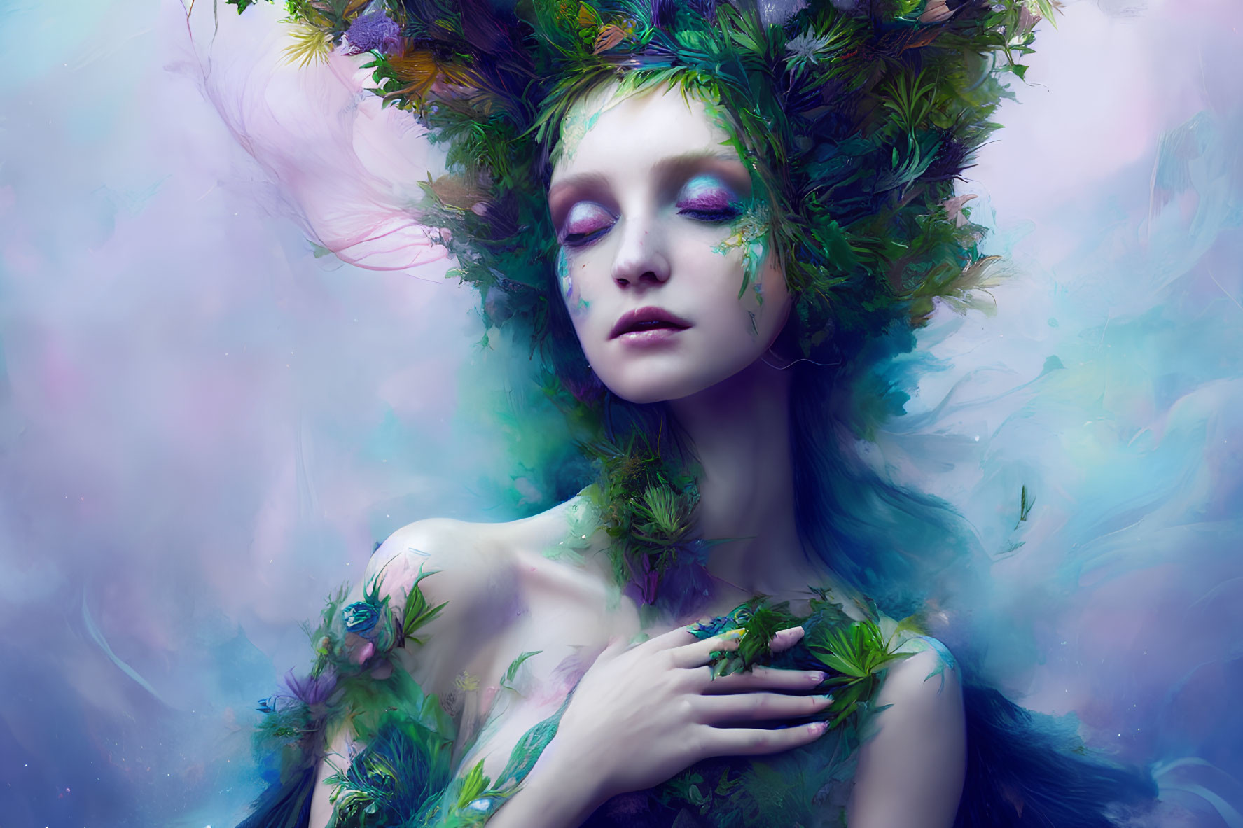 Woman with floral crown and plants on body in mystical setting