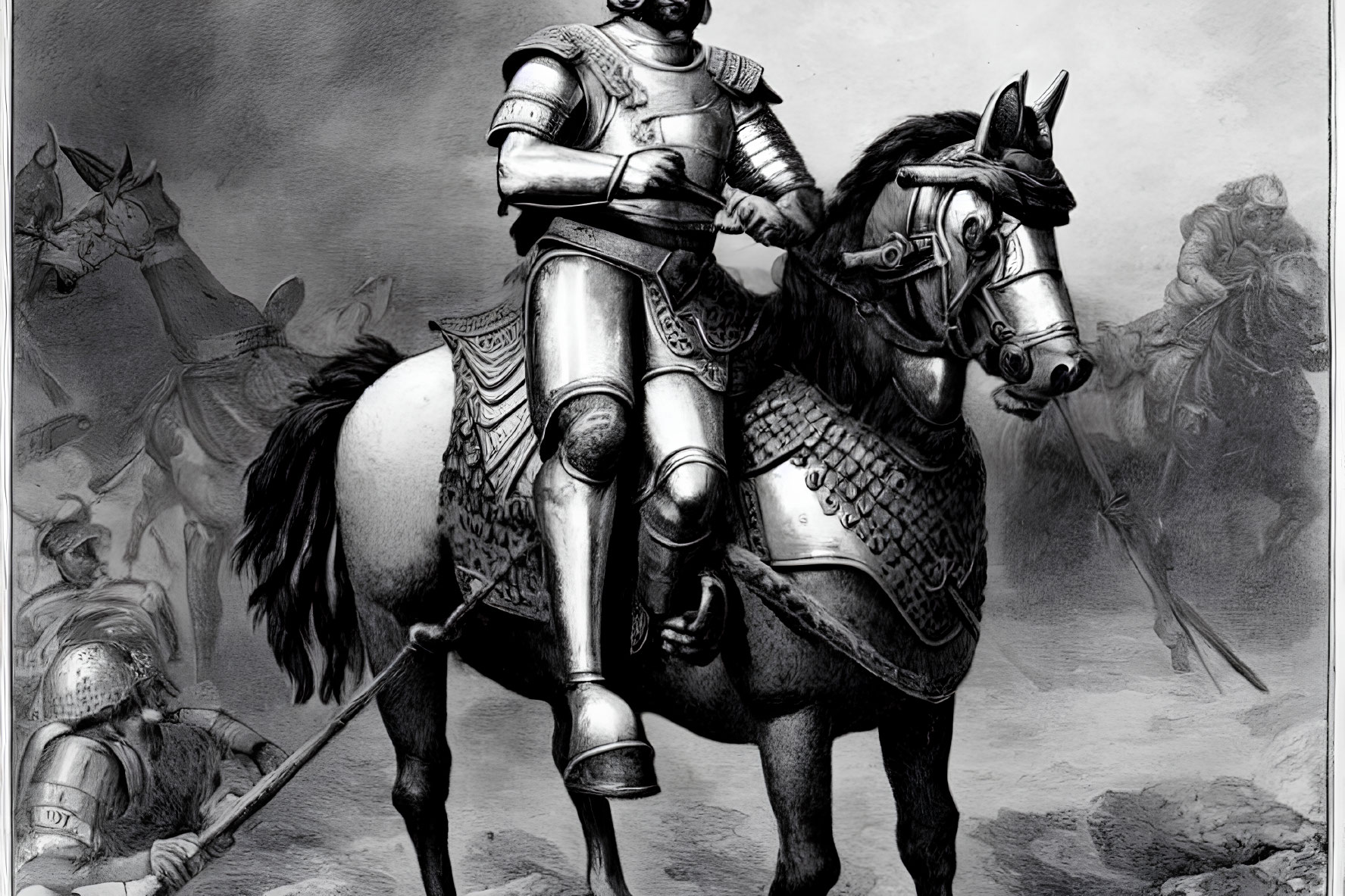 Detailed Black and White Knight on Armored Horse Illustration