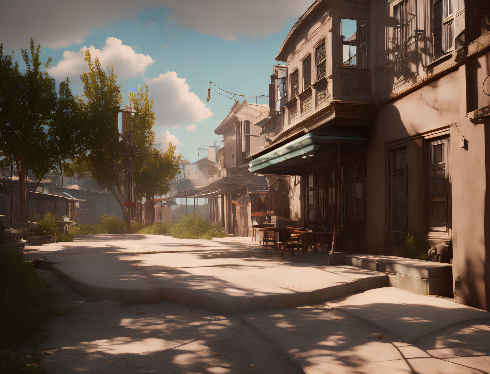 Traditional buildings and outdoor seating on sunlit street.