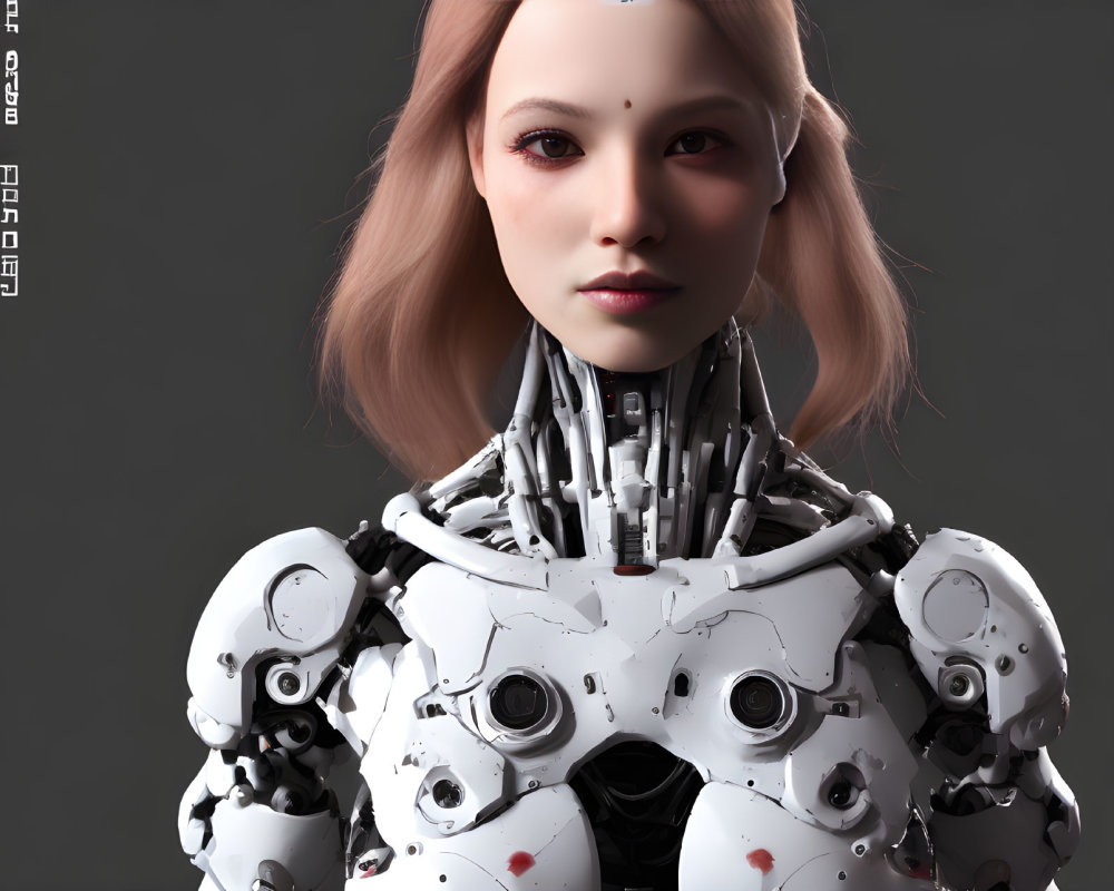 Realistic CGI portrait of female android with human-like face and mechanical features