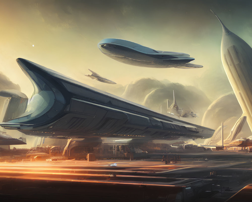 Futuristic spaceport with sleek spacecraft and illuminated runways