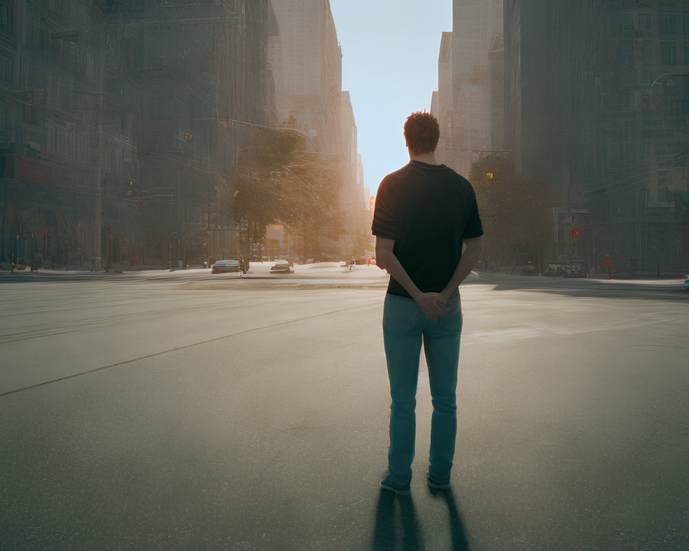 Deserted urban street with person facing cityscape