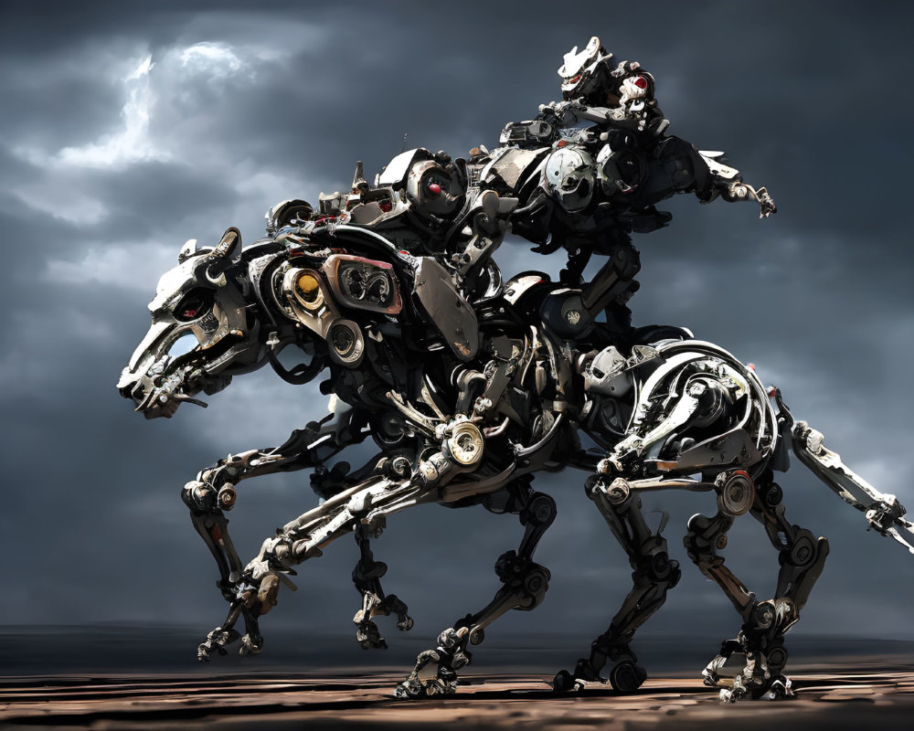 Intricate robotic horses with humanoid riders under dramatic sky