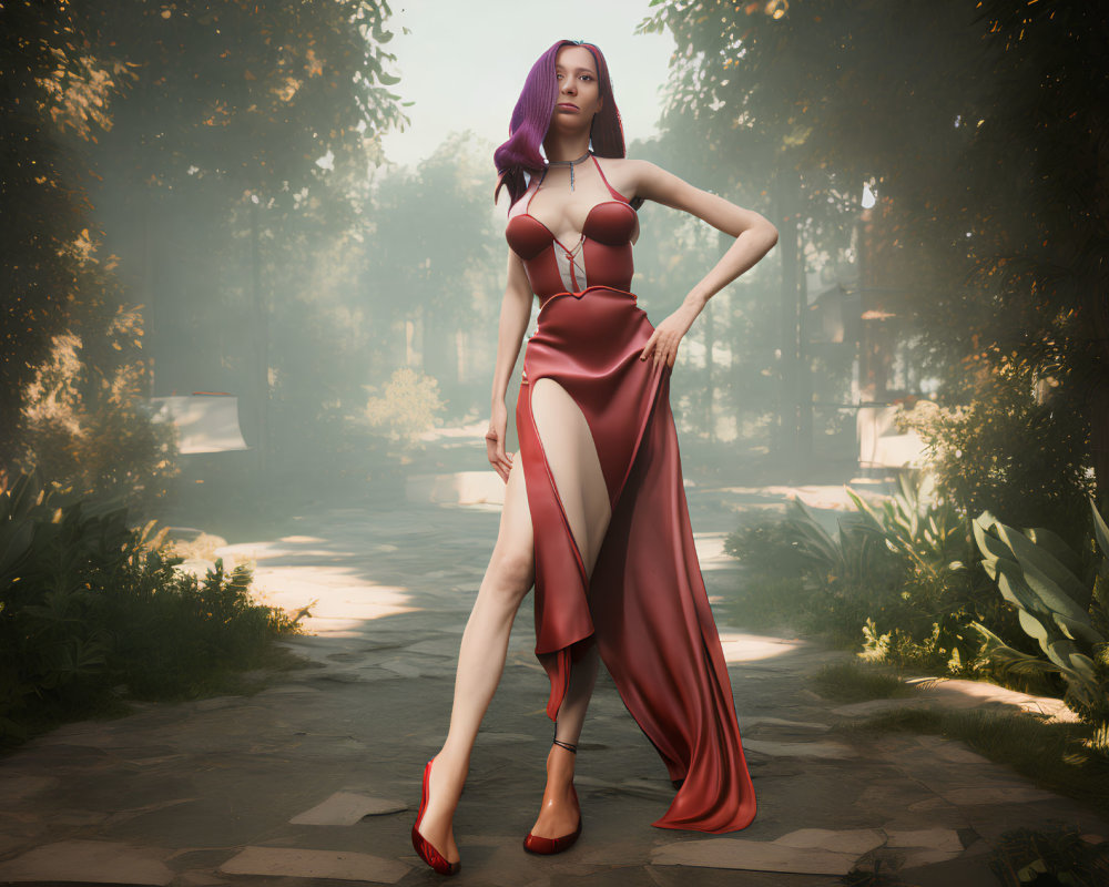 3D rendering of woman with purple hair in red dress in sunlit forest