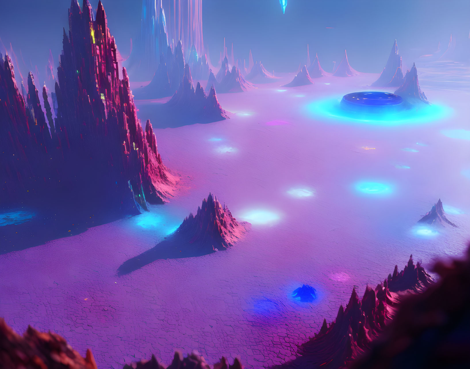 Fantastical landscape with luminescent pools and rock spires