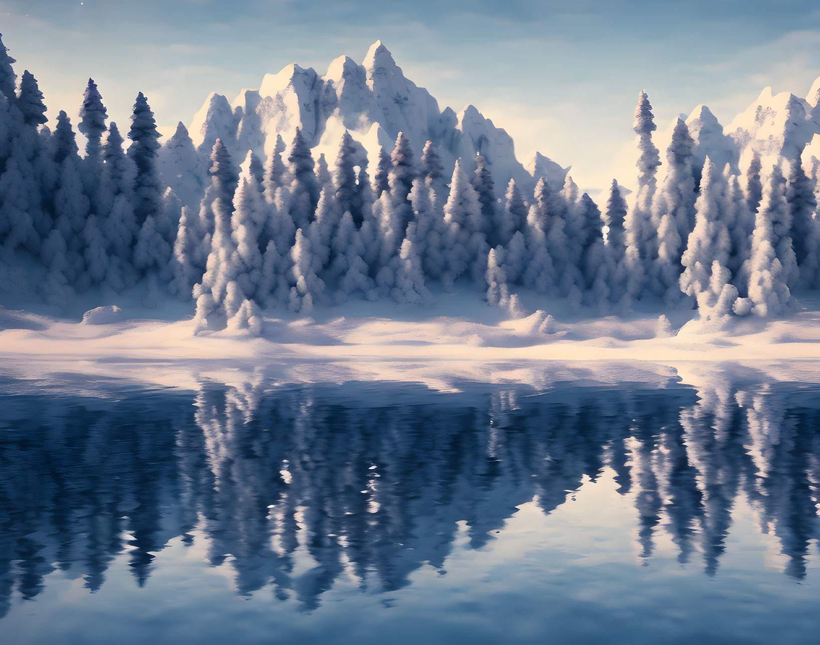 Winter Scene: Snowy Pine Trees, Mountain Peaks, and Lake Reflections