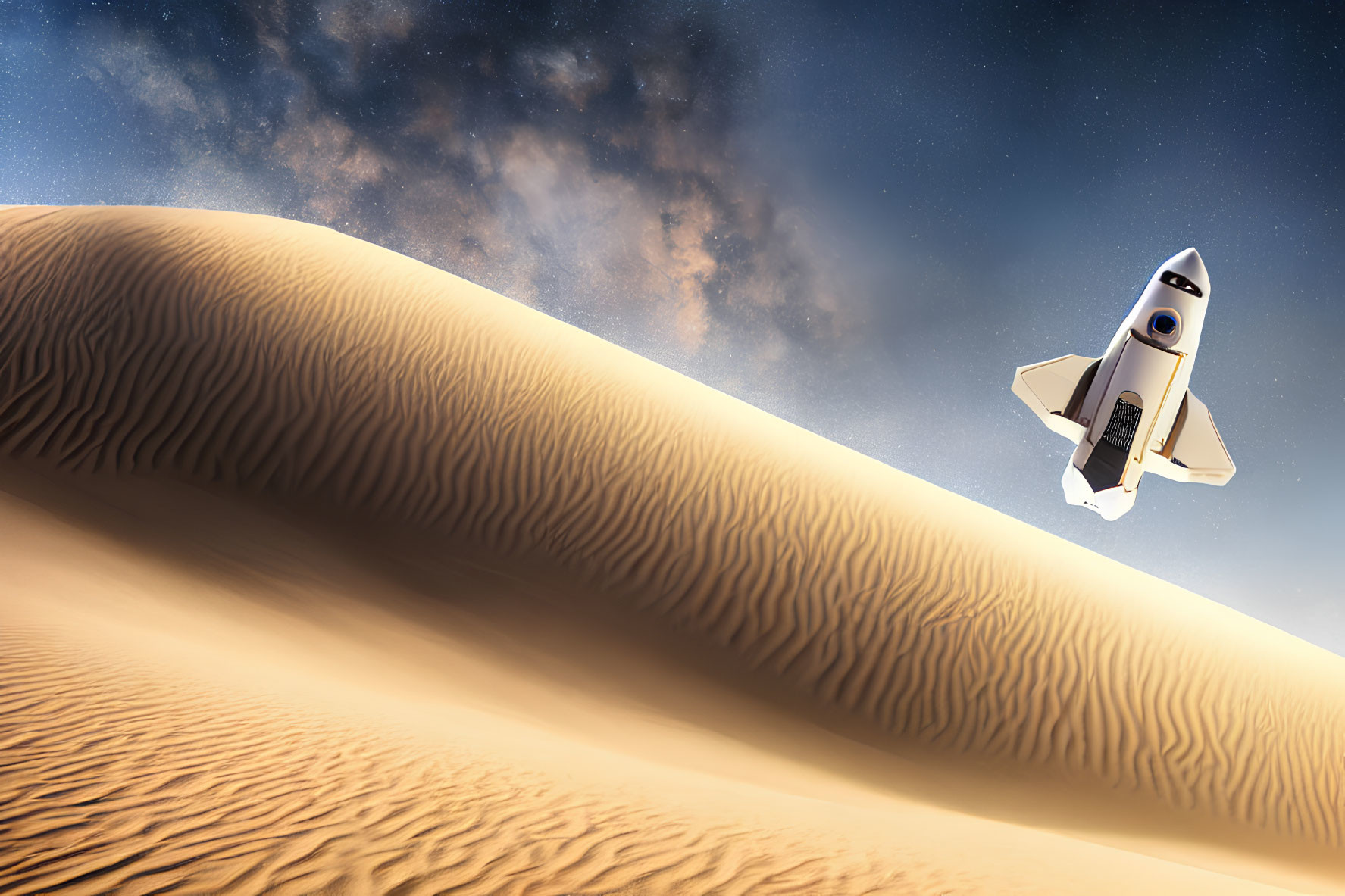 Spacecraft ascending against starry sky over desert planet dunes