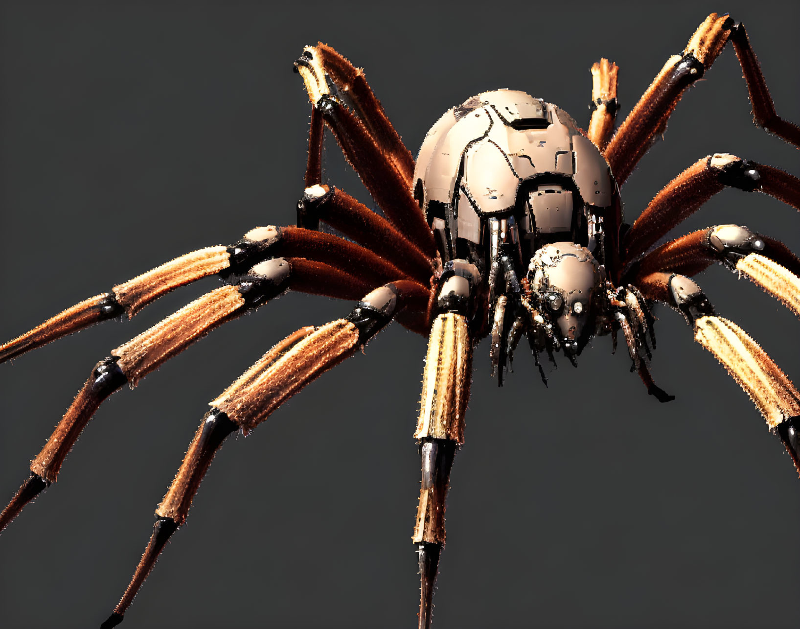 Robotic spider with sleek armor and metallic legs on dark background