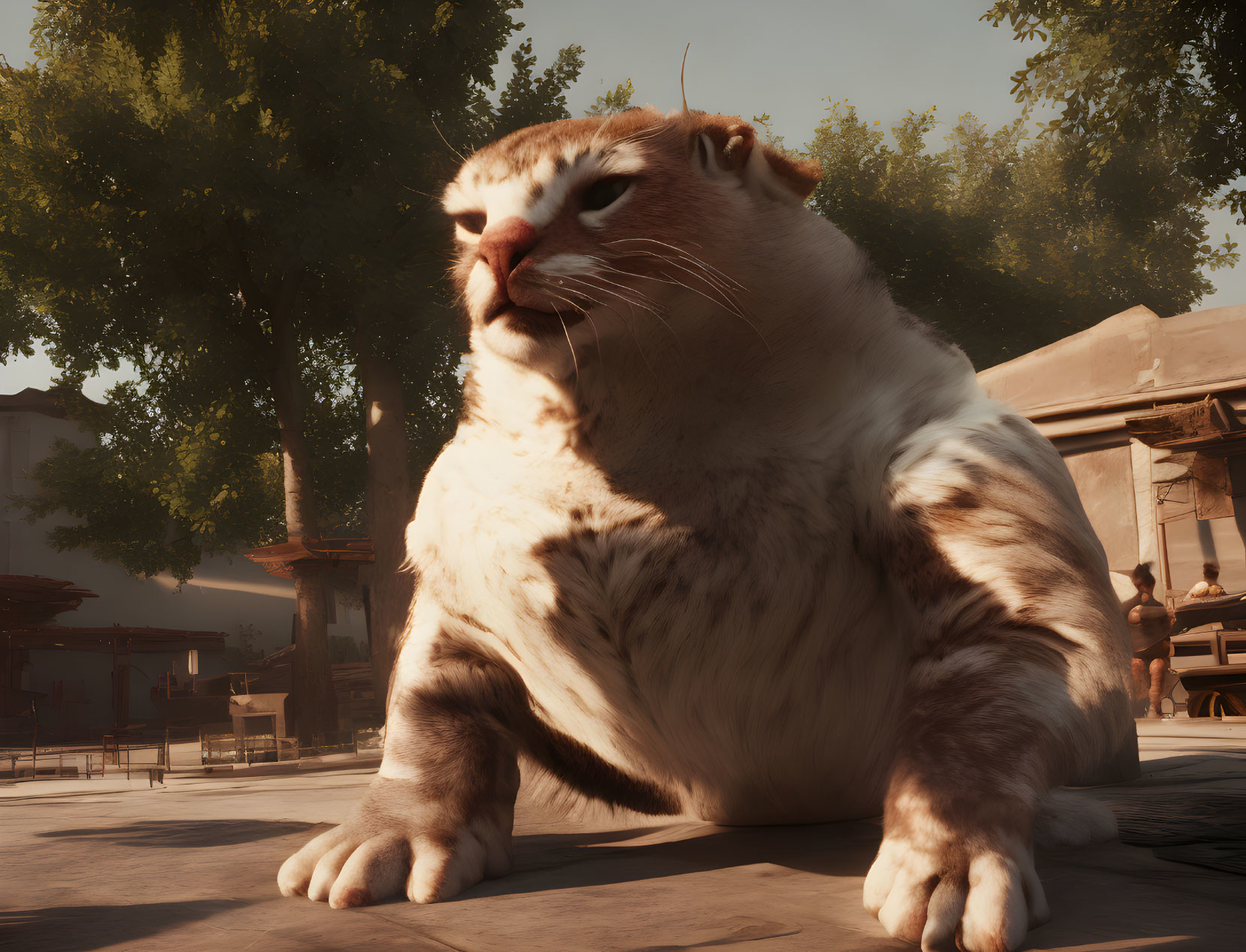 Giant cat in peaceful village scene