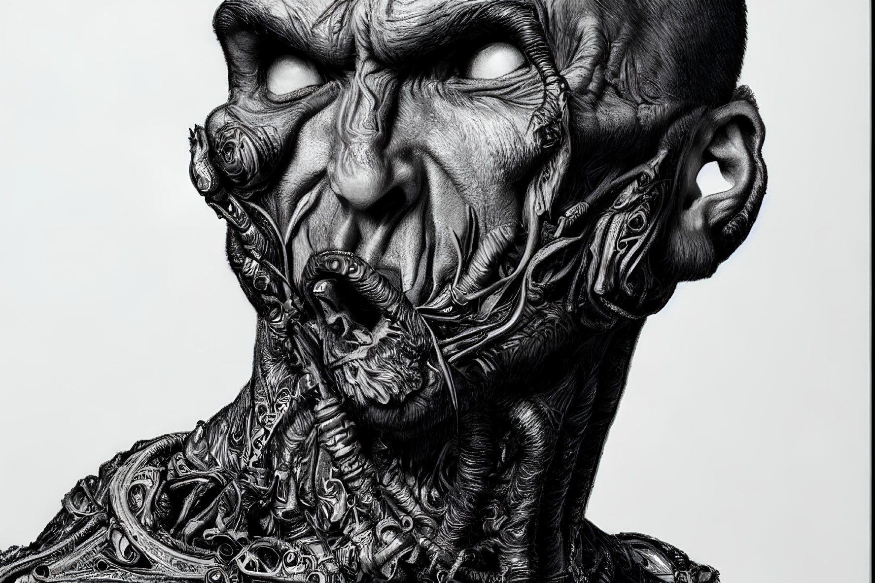 Detailed Monochrome Artwork: Distorted Humanoid Figure with Intricate Mechanical and Organic Textures