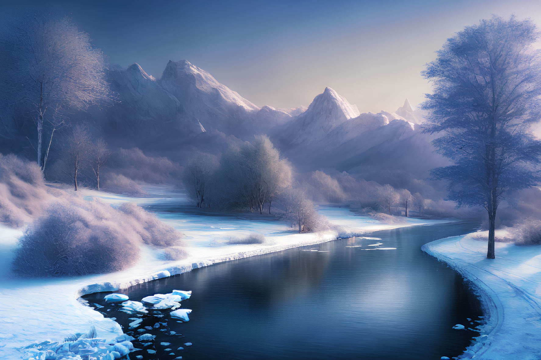 Snow-covered winter landscape with river, trees, and mountains