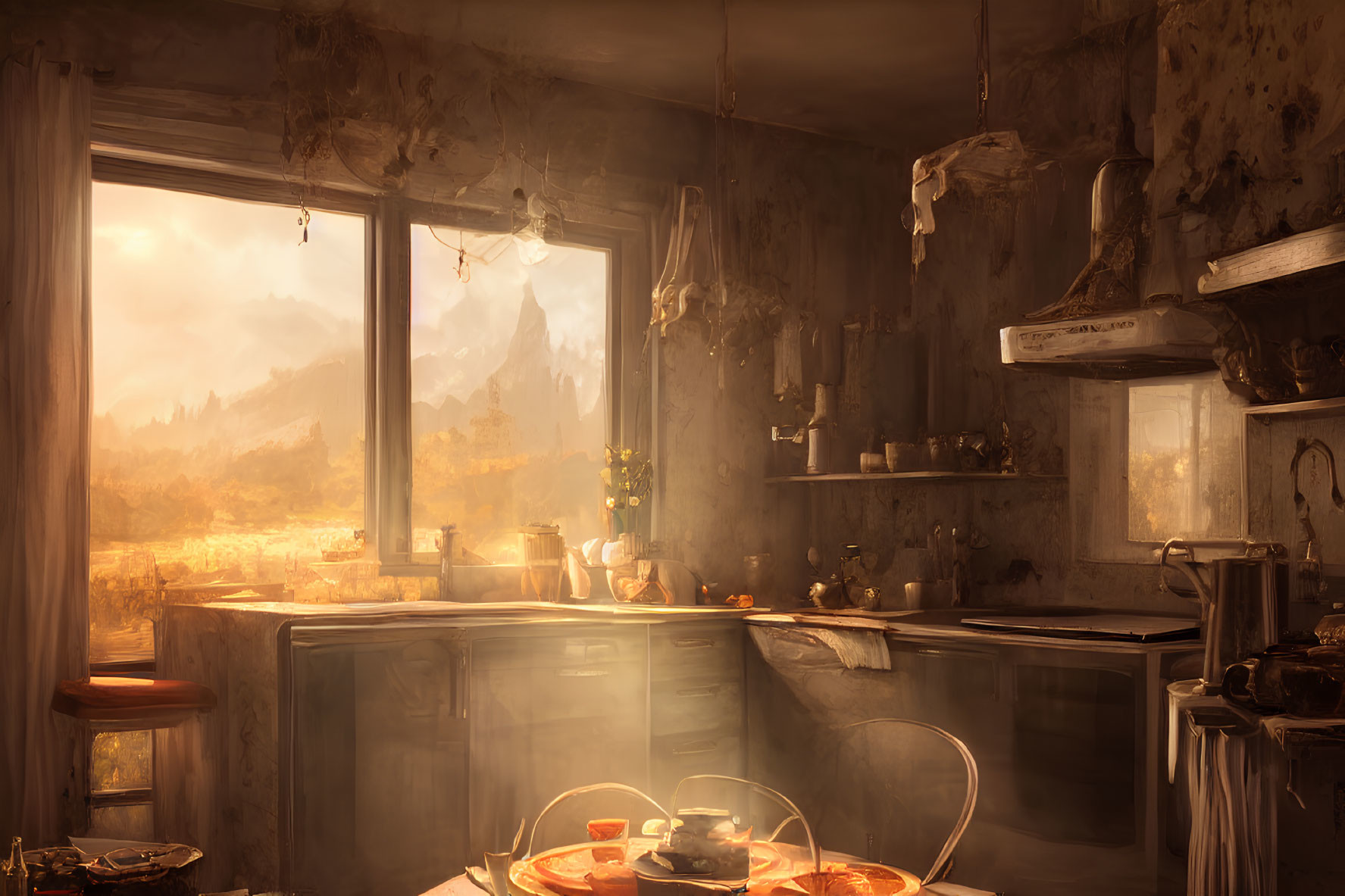 Sunlit Rustic Kitchen with Scenic View and Table Set for Two