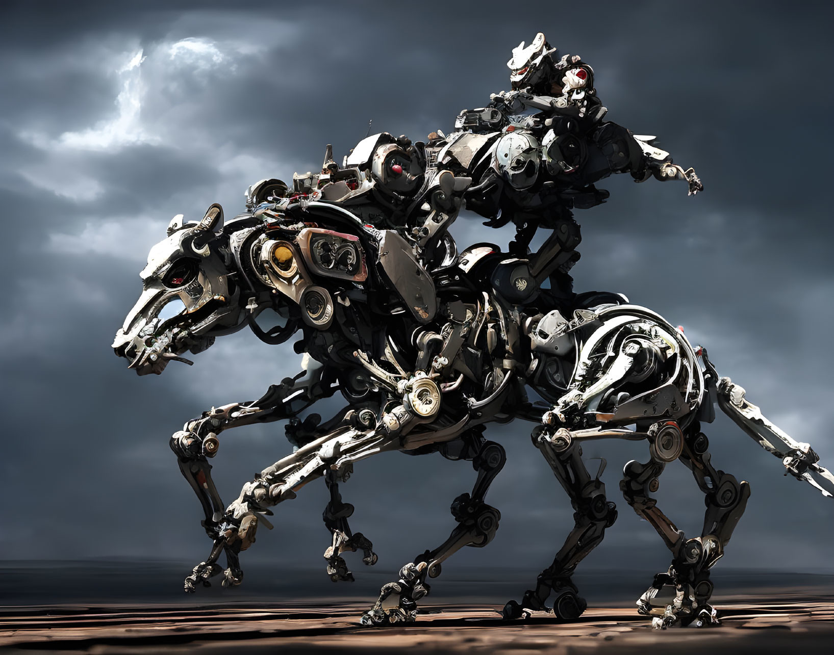 Intricate robotic horses with humanoid riders under dramatic sky