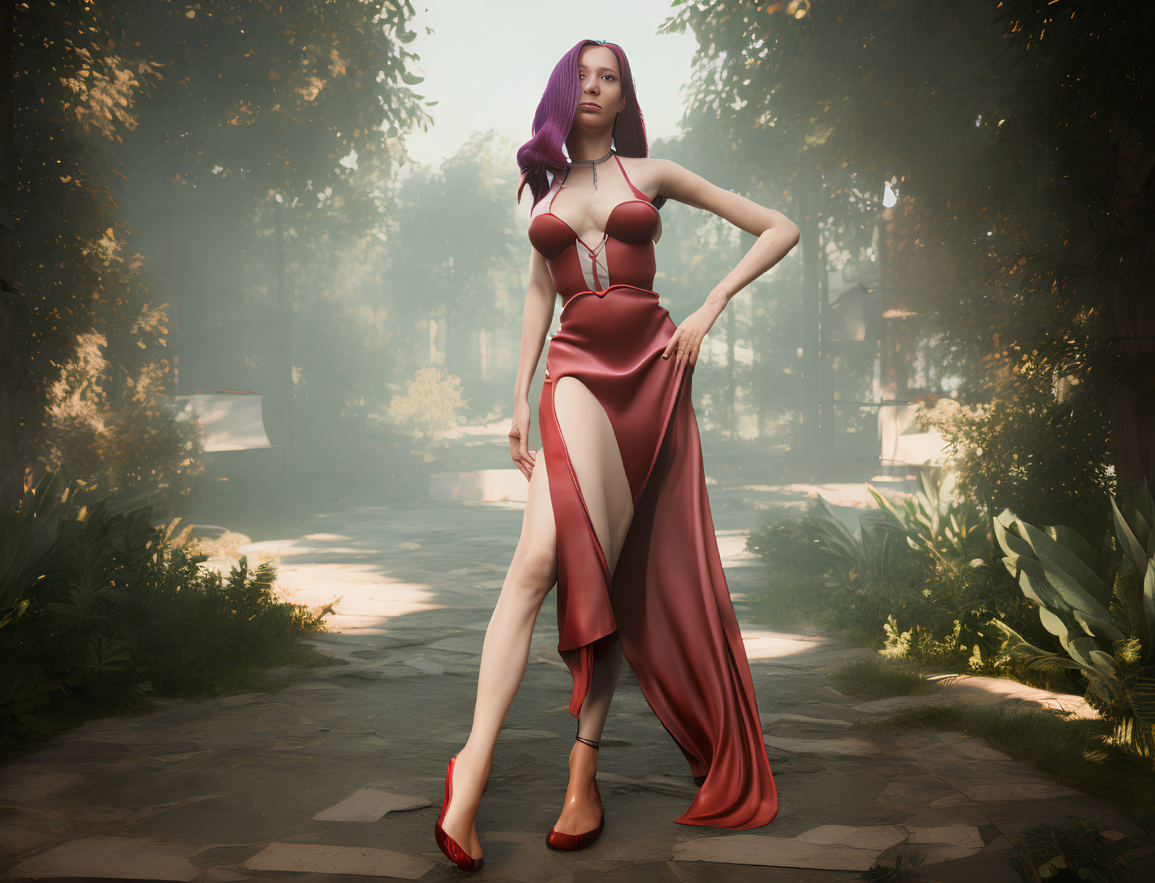 3D rendering of woman with purple hair in red dress in sunlit forest