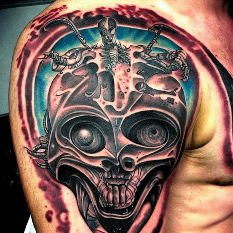 Detailed tattoo of menacing skull with alien bursting from forehead in red and blue hues