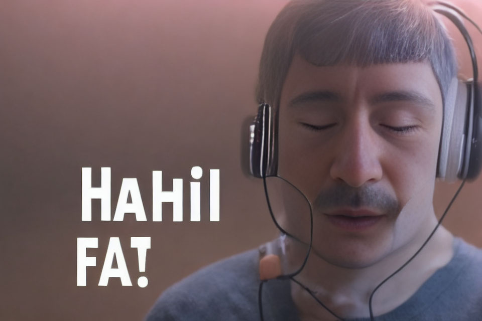 Mustachioed man in headphones with "HAhil FAT!" text on blurred backdrop