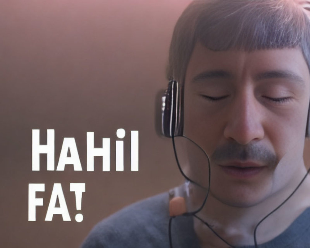 Mustachioed man in headphones with "HAhil FAT!" text on blurred backdrop