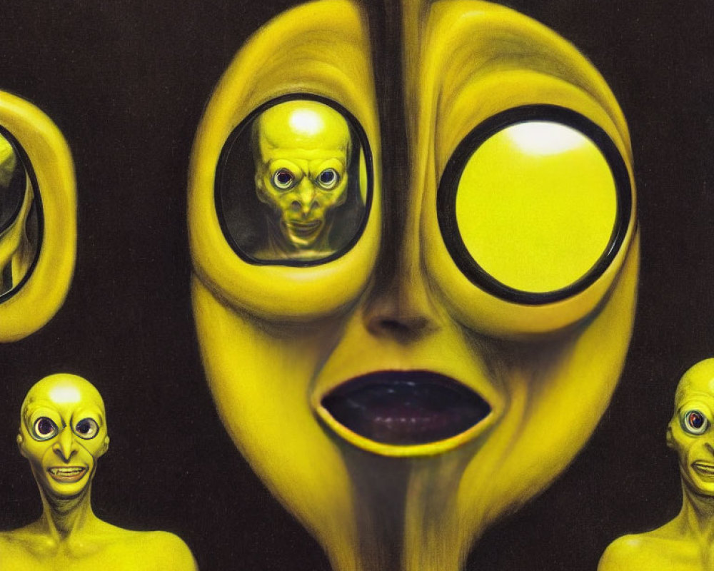 Surreal artwork featuring yellow humanoid figures with large eyes on dark background