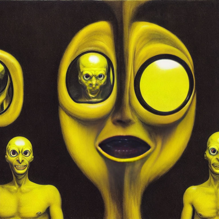 Surreal artwork featuring yellow humanoid figures with large eyes on dark background