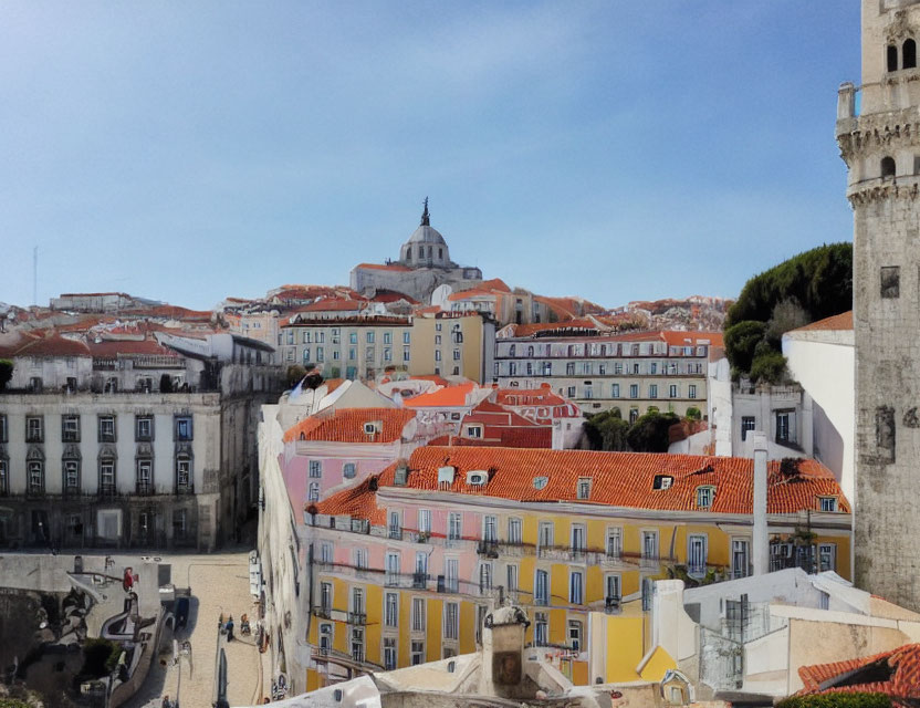 Panoramic view of Lisbon's historic buildings with terracotta roofs