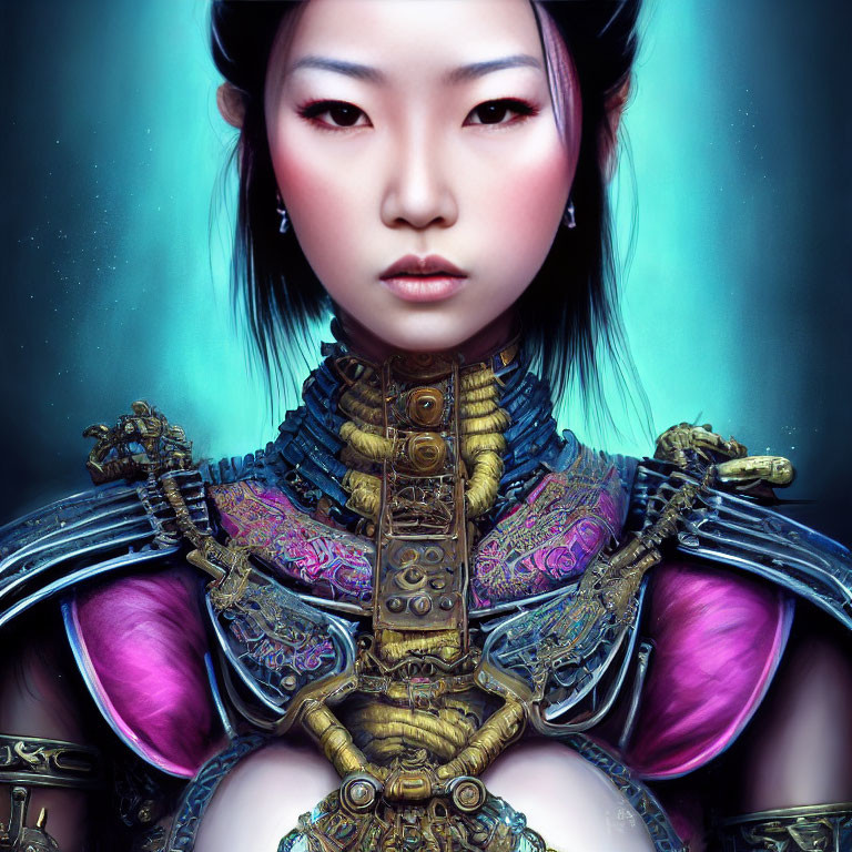 Illustration of Woman in East Asian Fantasy Armor on Blue Background