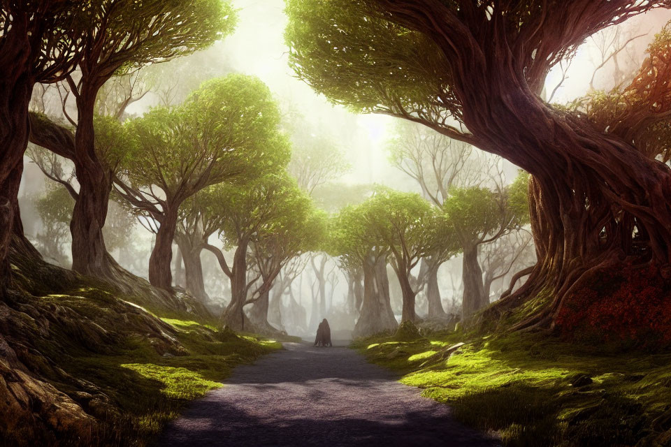 Tranquil forest pathway with twisted trees and figure in mist