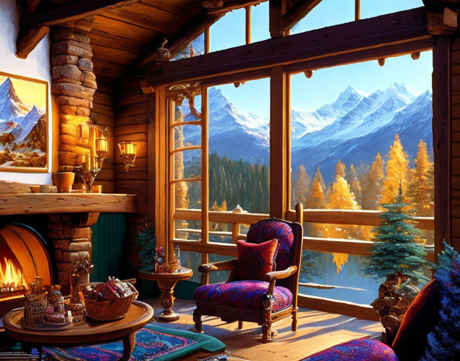 Rustic cabin interior with fireplace, armchair, and mountain view