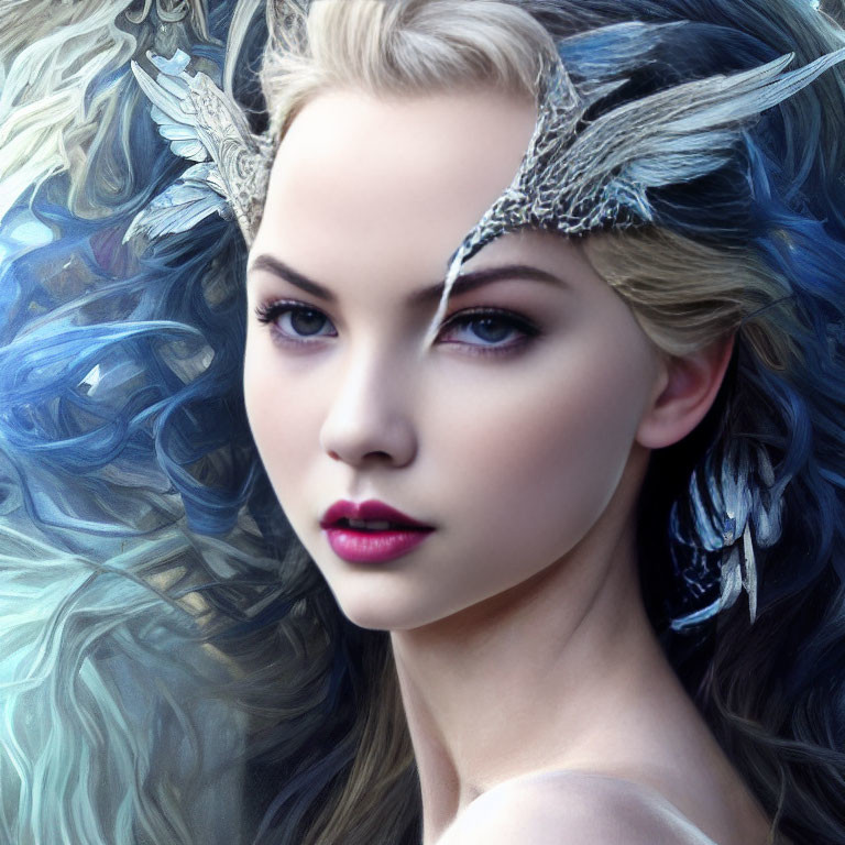 Ethereal woman with silver winged ornaments in swirling blue backdrop