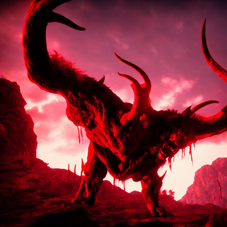 Menacing horned creature under red sky with ominous glow.