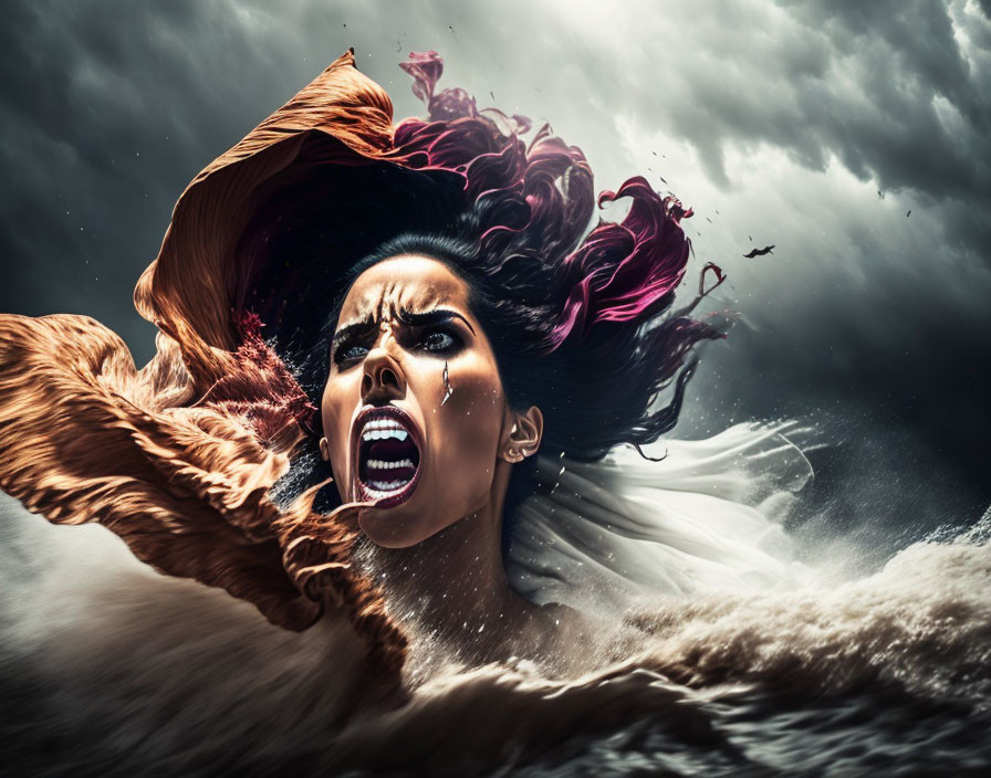 Woman with flowing hair and garments screaming midair against dark clouds and debris