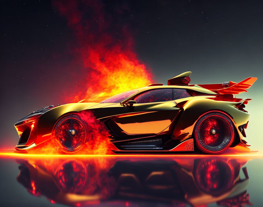 Futuristic Gold and Black Sports Car with Red Wheels and Red Smoke