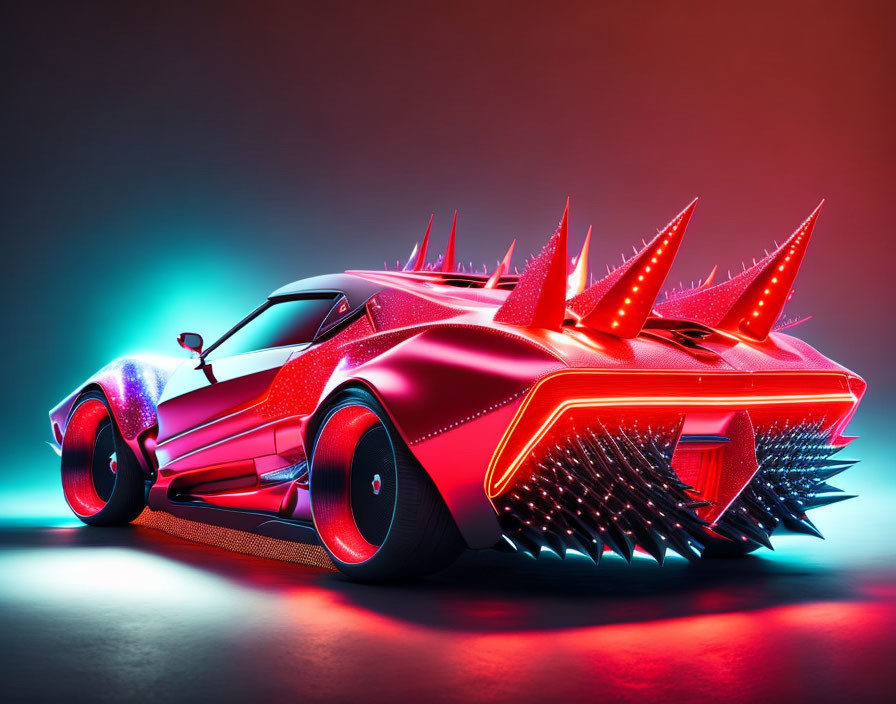 Futuristic Red Car with Sharp Spikes on Neon Background