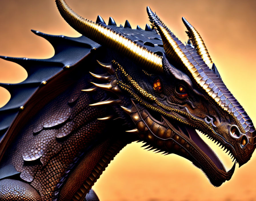 Detailed Digital Artwork: Dragon with Sharp Spikes, Textured Scales, Glowing Orange Eyes