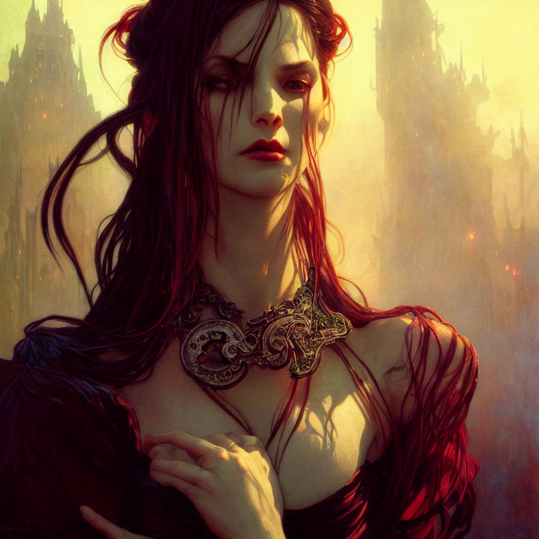 Illustration of woman with dark red hair, pale skin, wearing necklace, with misty gothic