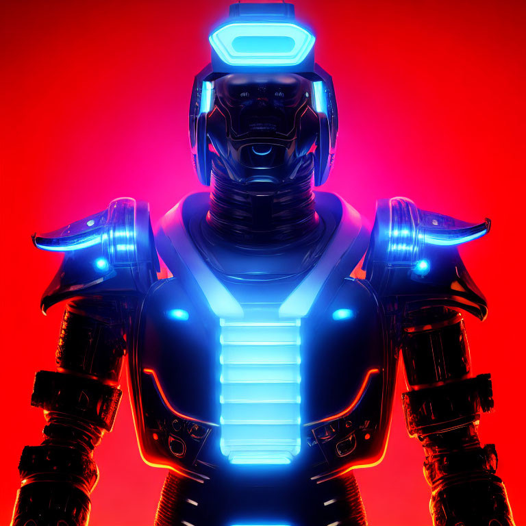 Futuristic robot with blue and white lights on sleek armor, illuminated visor, on vibrant red