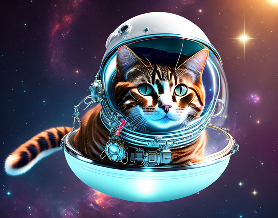 Tabby cat with astronaut helmet in space scene