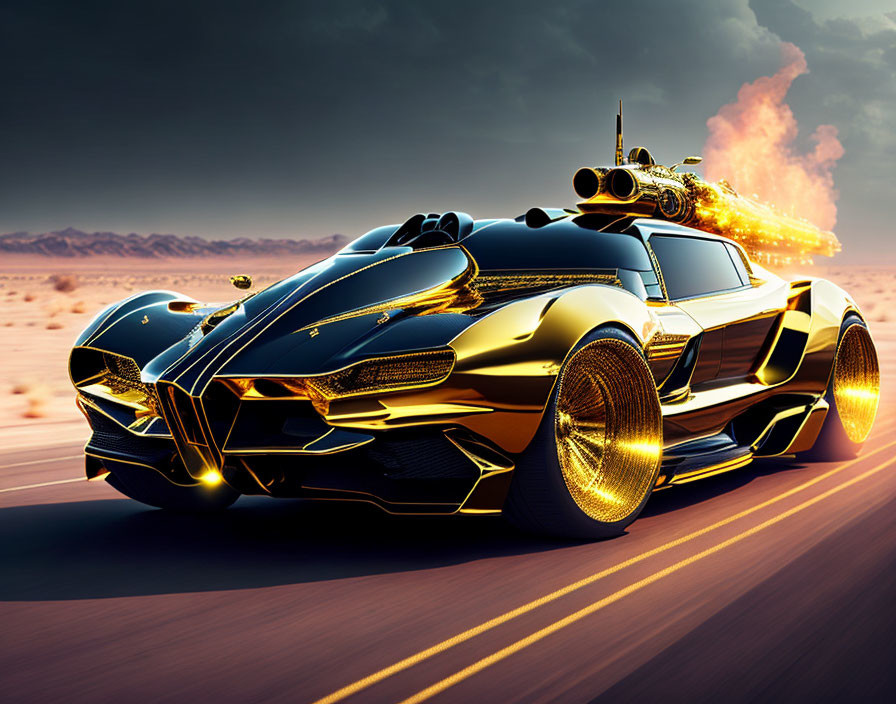 Golden futuristic car speeding in desert with glowing wheels & fiery exhaust