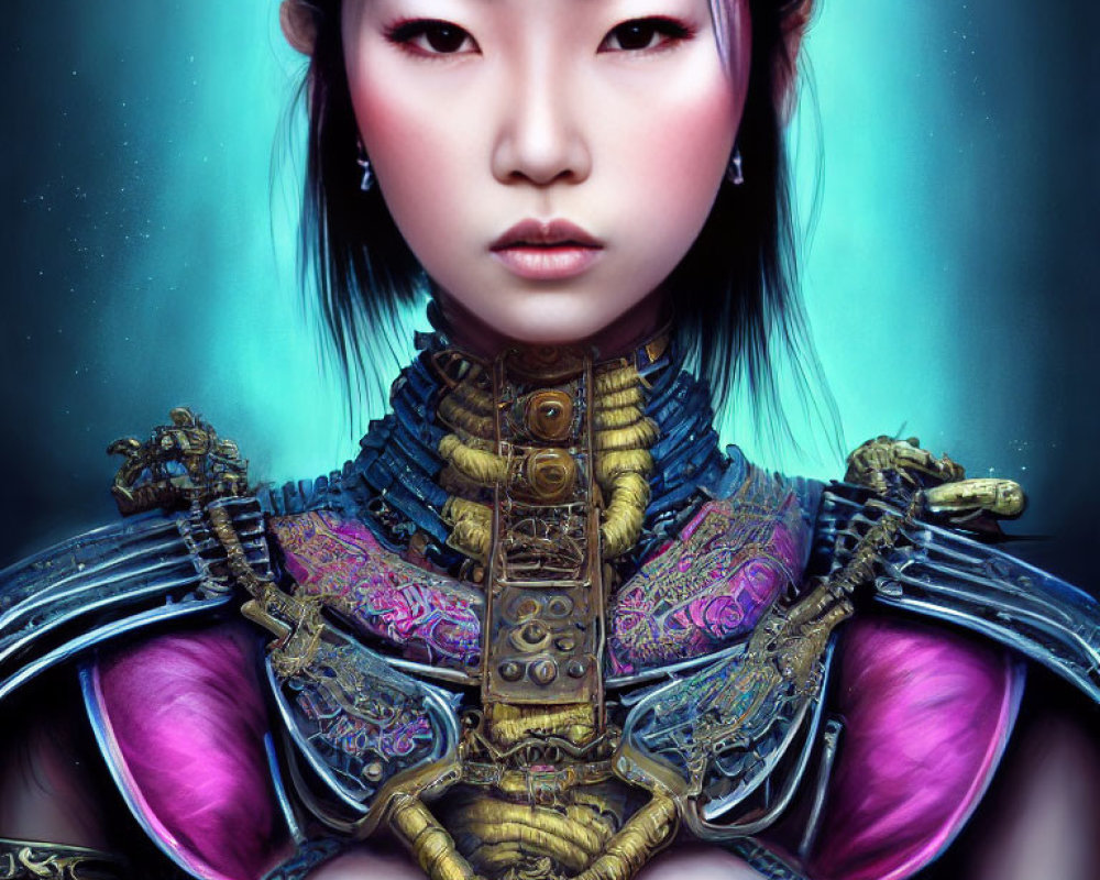 Illustration of Woman in East Asian Fantasy Armor on Blue Background