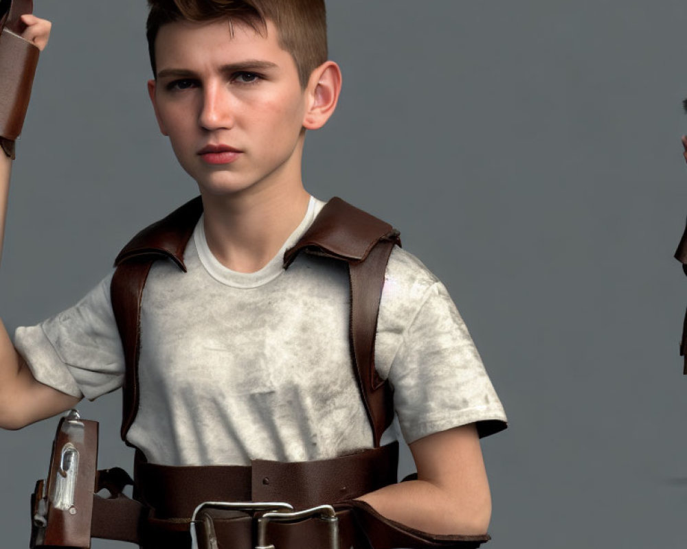 Young person with short hair holding a sword in leather harness and white t-shirt.