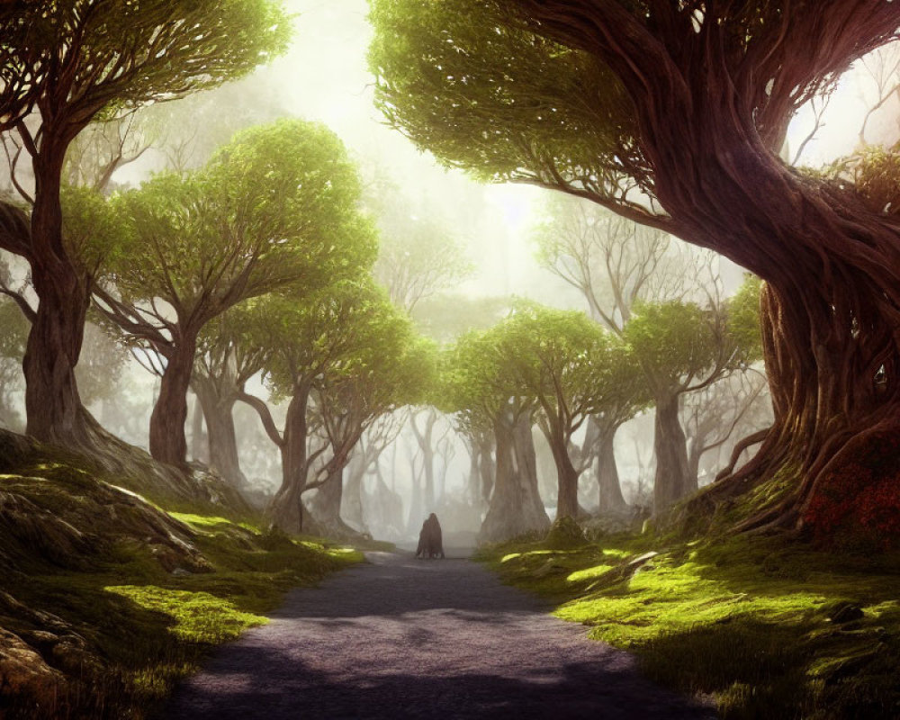 Tranquil forest pathway with twisted trees and figure in mist