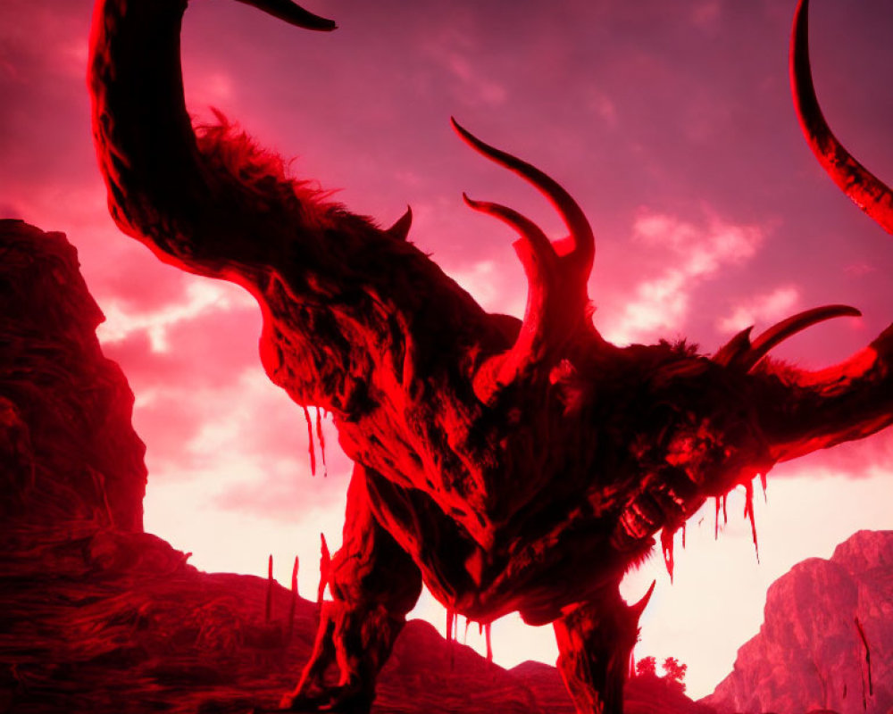 Menacing horned creature under red sky with ominous glow.